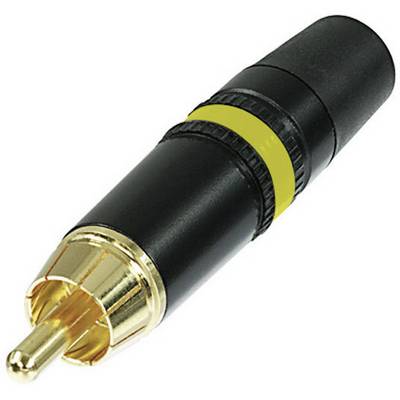 A black and gold RCA plug with a yellow ring, typically used for analogue audio or video signals.