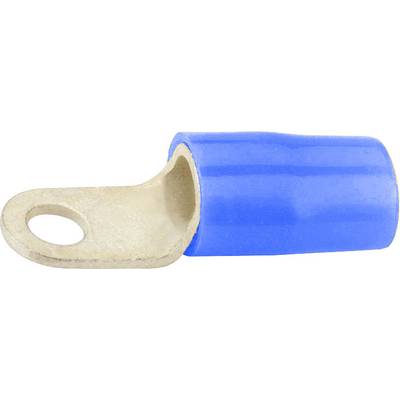 A blue cable connector with a metal terminal socket, used for securely connecting electrical cables.