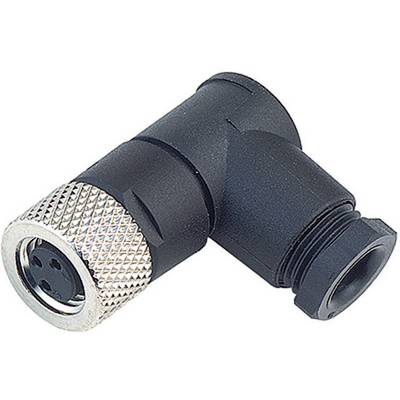 Black plastic plug with silver metal connection, right-angled in design, suitable for electrical wiring.