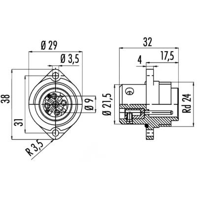 Technical drawing of a connector: Side view shows dimensions of 32 mm length, 21.5 mm height; connection side with diameter of 29 mm.