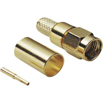 A disassembled gold-coloured coaxial connector comprising a plug housing, a sleeve, and a pin.