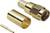 A disassembled gold-coloured coaxial connector comprising a plug housing, a sleeve, and a pin.