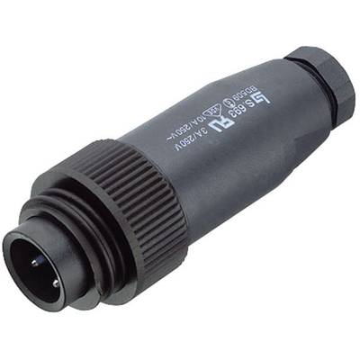 Black, cylindrical plug with three contacts and a knurled grip, with technical specifications printed on it.