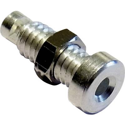Metal connector with a ribbed shaft and hexagonal central section, used for pipe connections in hydraulic systems.