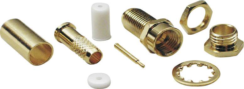 Dismantled coaxial connector: Various metal and plastic components, including housing, socket, pin and nut, on a white background.