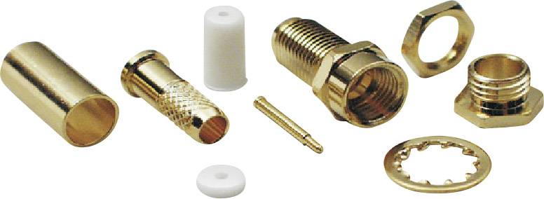 Multi-component F-type plug kit: Outer casing, centre pin, threaded ring, washers, and insulation for cable connection.