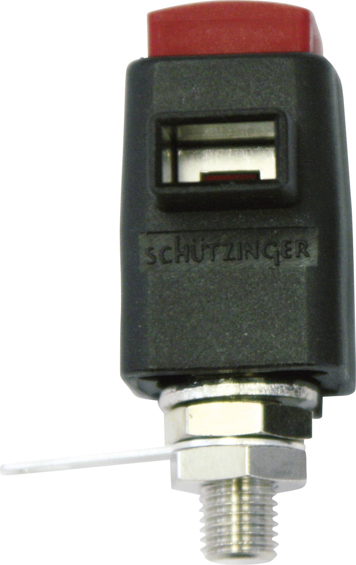 Black connector with red handle and metal threading, 'SCHÜTZINGER' labelling visible on the front side.