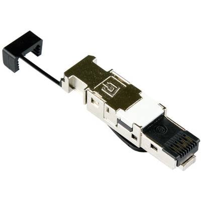 A silver RJ45 plug with a black cable jacket is shown, which is used for network connections.