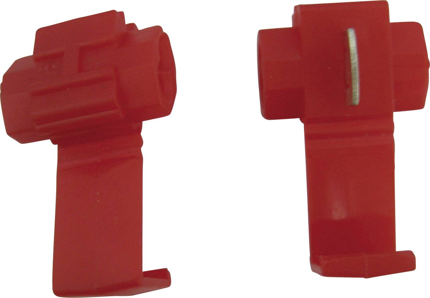 Two red plastic parts, seemingly connector plugs or clips, viewed from different angles in top-down perspective.