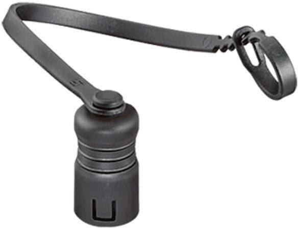 A black screw cap with securing strap and clip, suitable for safely storing small accessories.