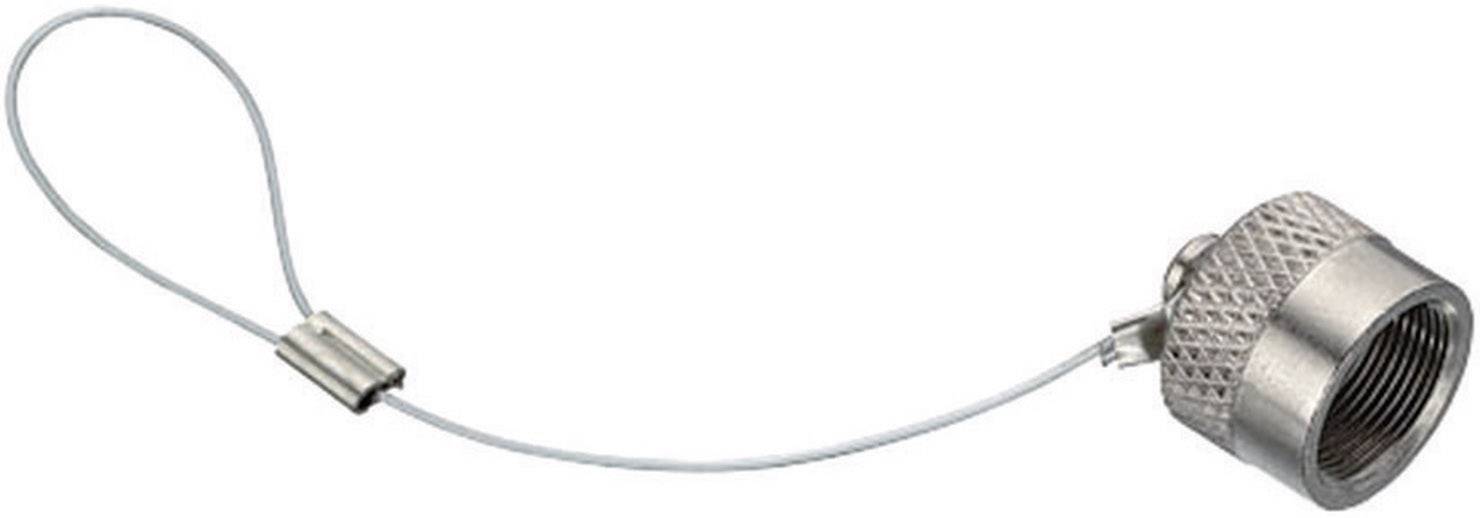 Metal 'protective cap with wire cable', designed to protect and secure connections. Cap with threading and textured surface.