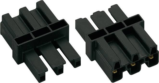 Two black PCIe plugs, each with six pins. They are shown side by side, displaying the connection side.
