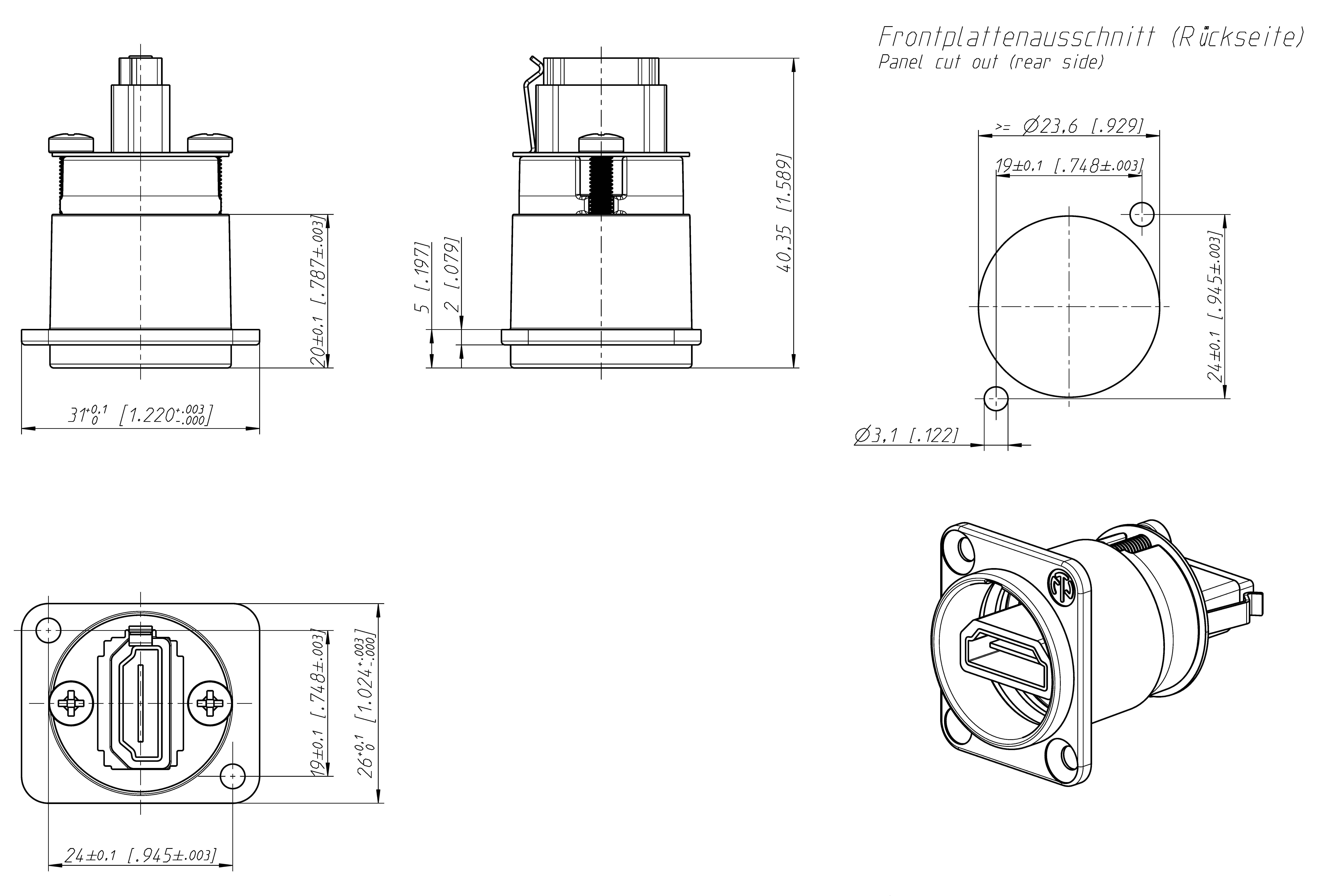 Technical drawing of a connector housing with front and side views, dimensions and cross-section details.