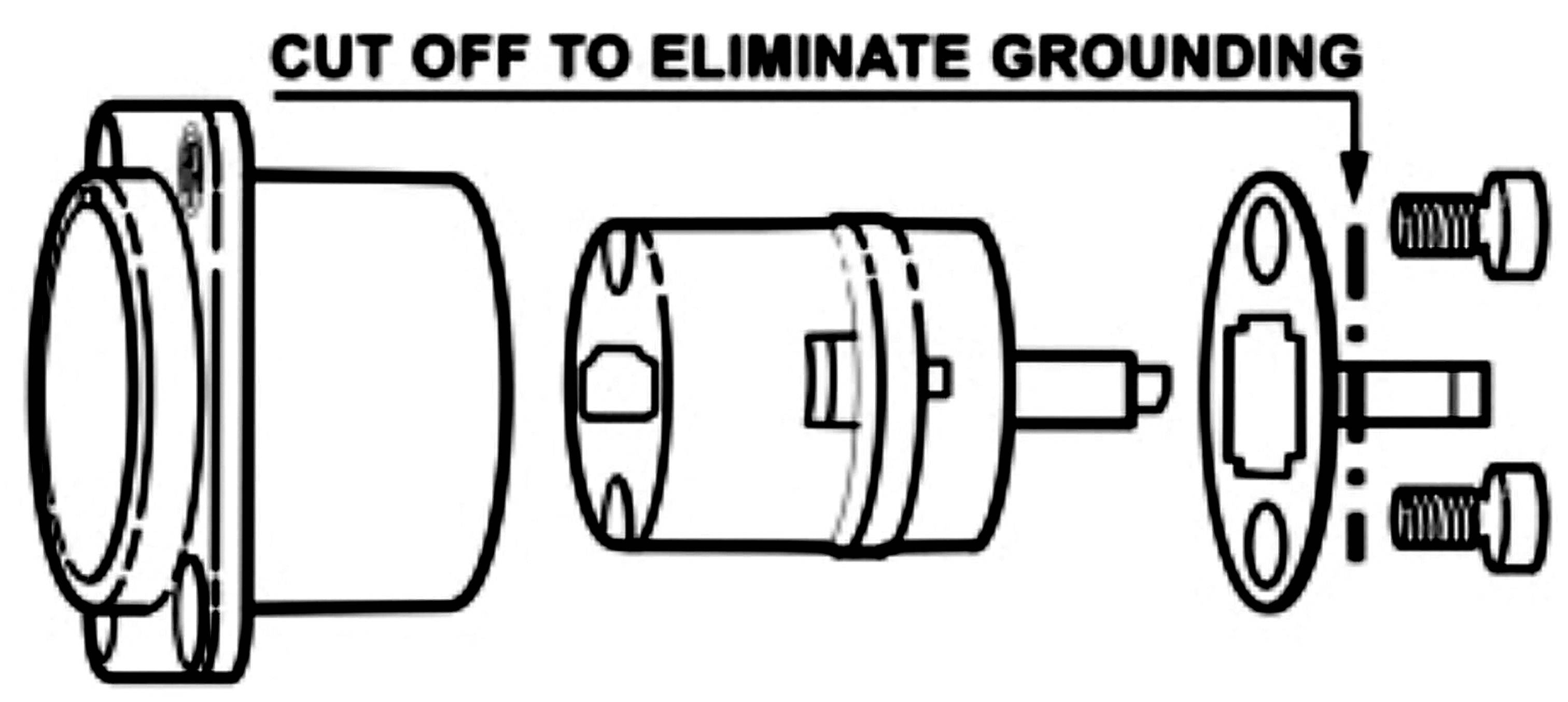 Exploded diagram of an electrical socket with the instruction 'CUT OFF TO ELIMINATE GROUNDING'.