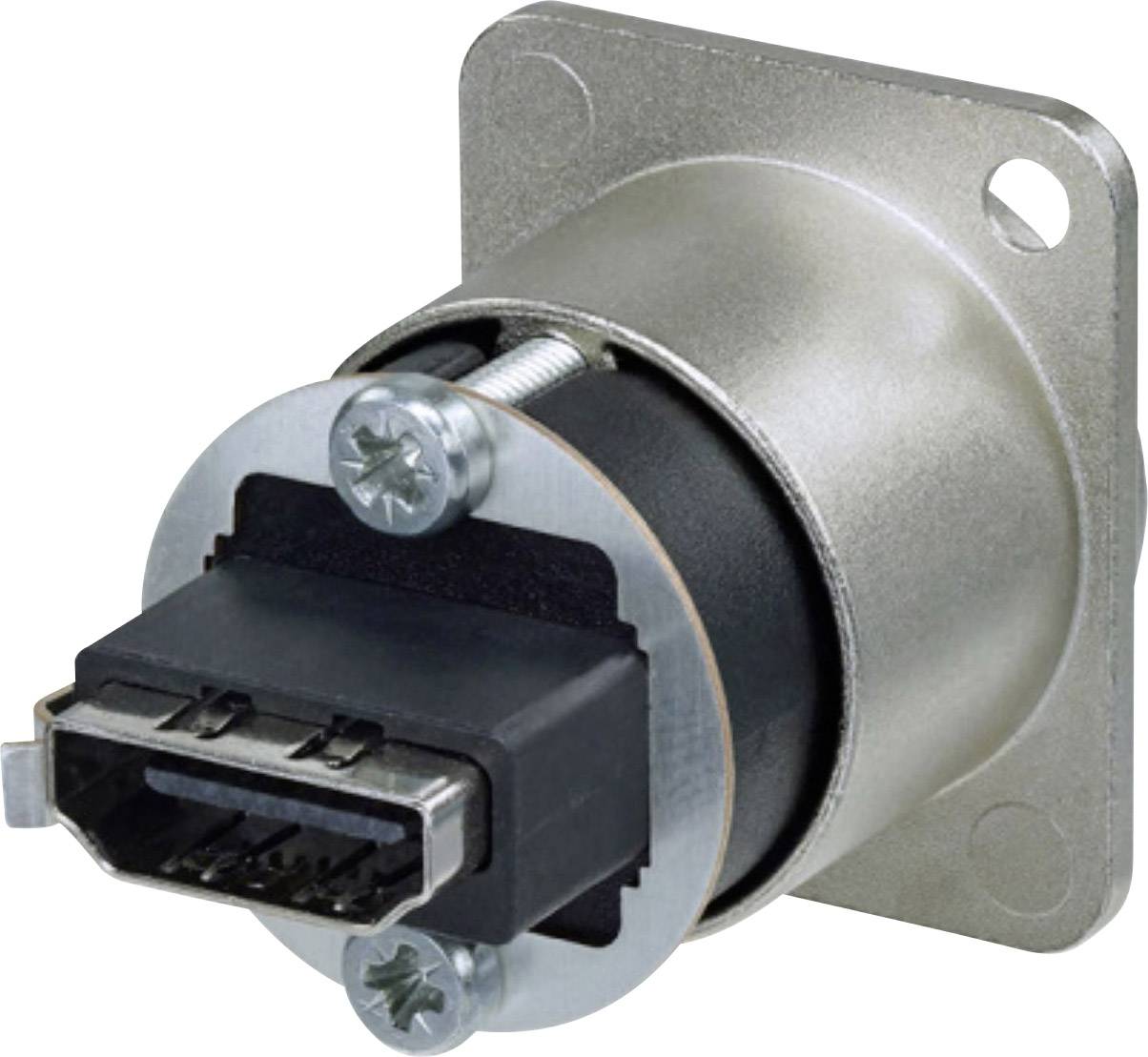 An HDMI connector in a metal enclosure for panel mounting, suitable for industrial applications.