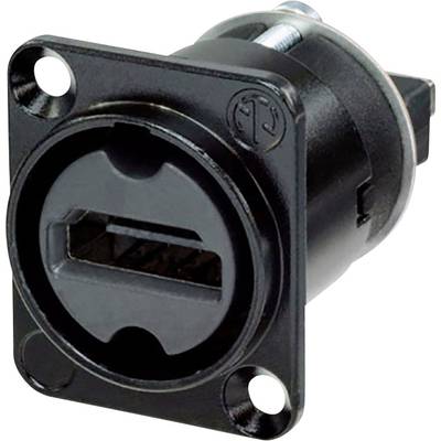 A black, round USB plug with a rectangular connection on a black mounting plate.