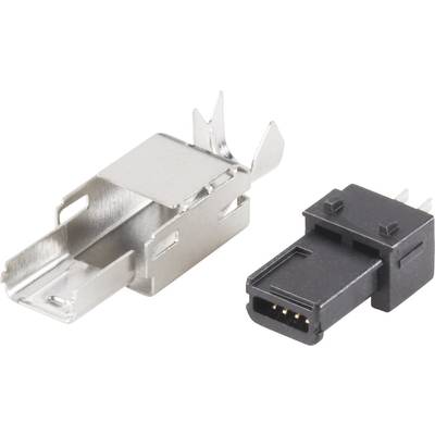 Metal and plastic plug and socket. The plug has metal clips, the socket is black with three contacts.