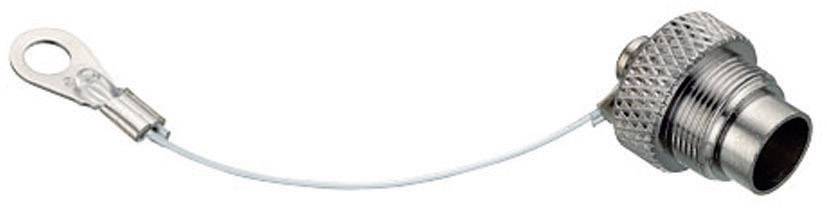 Metal plug connector with securing cable and eyelet. Used for electrical connections to prevent unintentional disconnection.