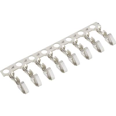 Metal terminal strip with eight silver terminals arranged side by side on a narrow strip.