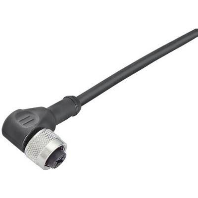 A black, angled cable plug with a metal lock and long cable, suitable for electronic connections and devices.