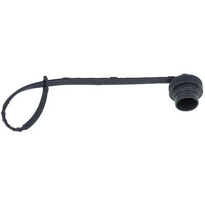 Black plastic closure plug with a long, flexible lanyard for attachment to containers or lids.