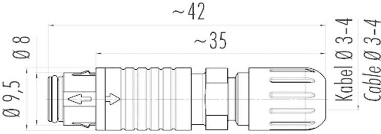 Drawing of a cylindrical connector with dimensions: total length approx. 42 mm, main section approx. 35 mm. Cable diameter 3-4 mm.