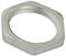 Metal hexagonal nut, used for securing objects.
