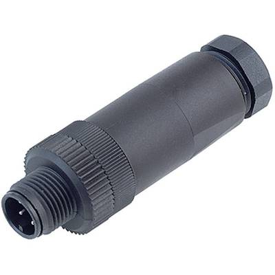 Black connector with M16 thread, showing front view of pins. Used for electrical connections in industrial applications.