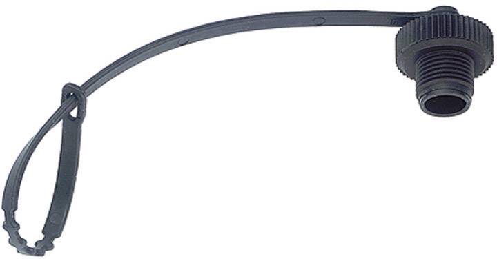 A black plastic cap with a long securing strap and thread, likely used for sealing or connecting tubes.