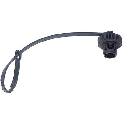 A black plastic cap with a long securing strap and thread, likely used for sealing or connecting tubes.
