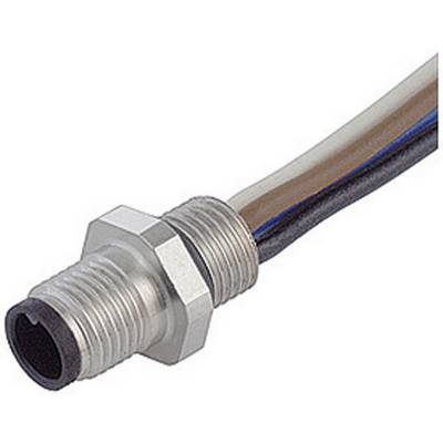 A silver electric plug with a threaded connection and multiple cables in different colours.