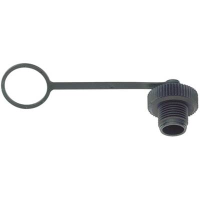 'Black screw cap with loop. Suitable for sealing threads and protecting against contamination.'