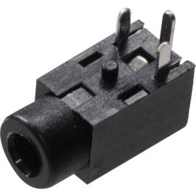 A black 3.5-mm jack socket with two metal pins protrudes upwards. It is used for connecting audio devices.