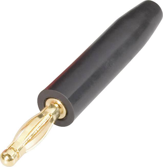 Golden banana plug with black housing, used for secure electrical connection of speaker or audio cables.