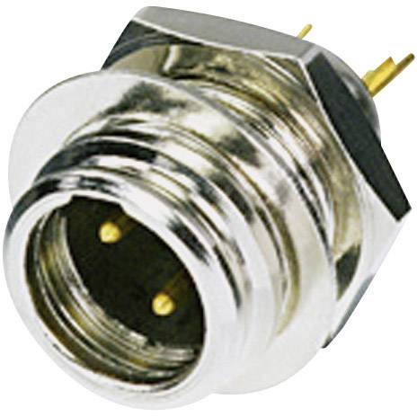 Metallic shiny electrical plug with two golden pins, designed for mounting on a panel or enclosure.