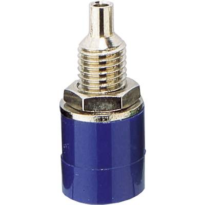 A blue and silver adapter with a threaded screw and cylindrical body. Used for connecting cable components.