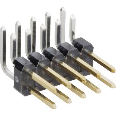 'A 90-degree pin header connector with six gold-plated pins and a black housing section.'