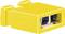 Yellow USB-B plug, rectangular shape, view of the connection opening at the front, detailed close-up.