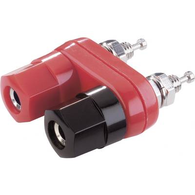 'Red and black banana plug adapter with metal connections, in L-shape. Used for electrical connections.'