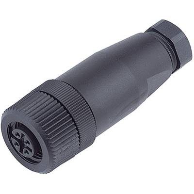 A black, cylindrical, electrical connector with a knurled ring, featuring four connection holes and used for cable connection.