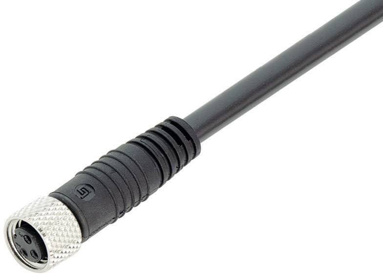 'Close-up of a four-pole M12 connector with black cable, suitable for industrial applications and sensor connections.'