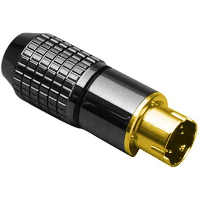 A black and gold coaxial plug with a visibly grooved grip.