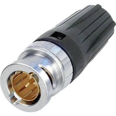 A black and silver BNC connector for connecting electrical signals, against a white background.