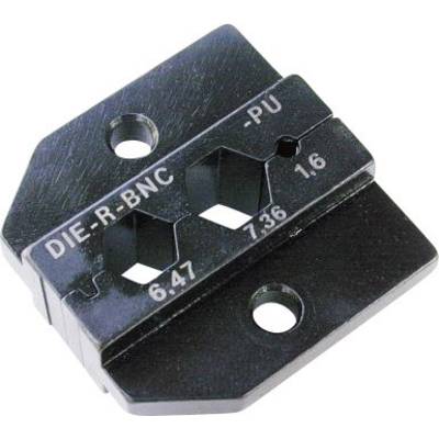 A metal tool with hexagonal holes of varying sizes, labelled '6.47', '7.36', '1.6', used for crimping.