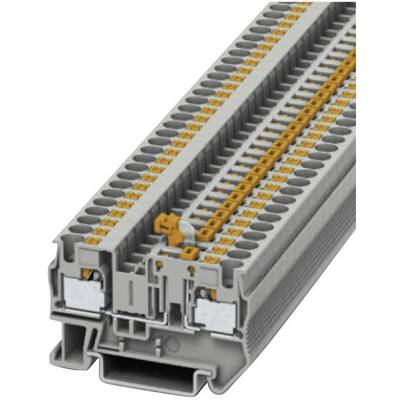 Terminal block with multiple connection points and grey housing for electrical wiring in control cabinets.