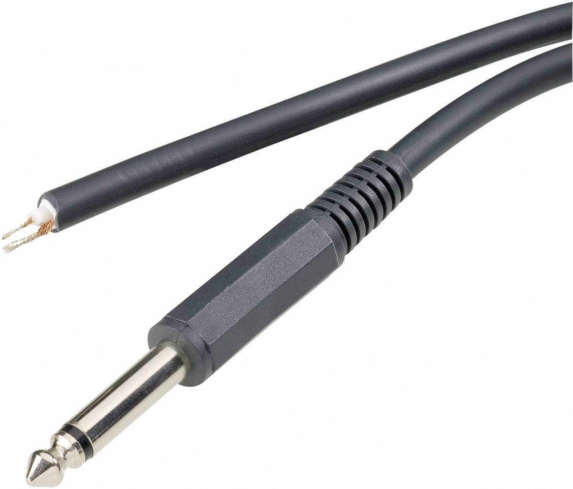 A black audio cable with one stripped end and a jack plug.