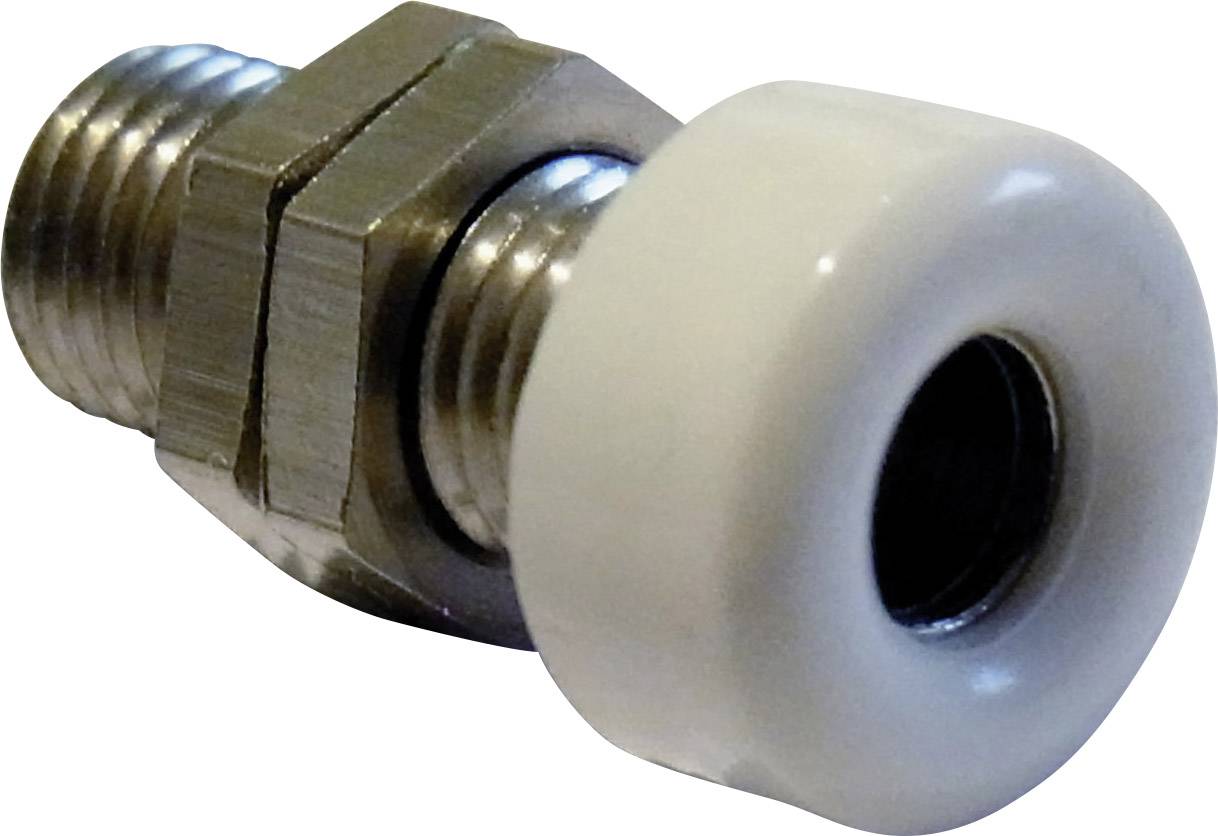 Metal connection part with a white plastic cover at one end, suitable for pipe systems, against a white background.
