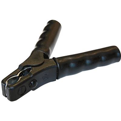 A single black battery terminal clamp with an insulated handle, open and angled upwards.