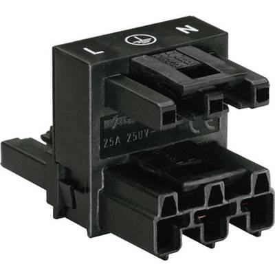 'Black electrical connector with L and N labelling, suitable for 25A and 250V, showing connections and housing.'