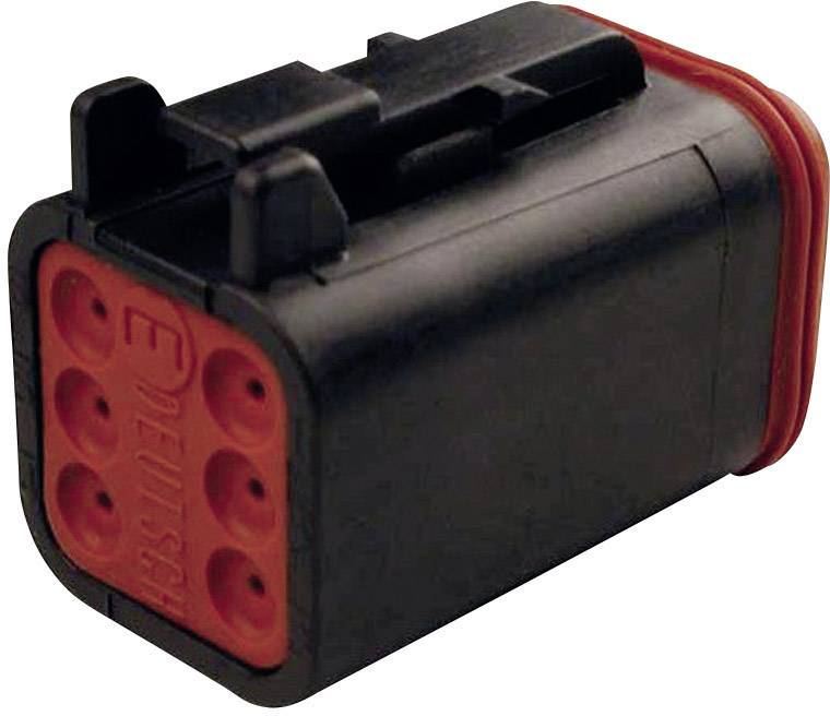 A black and red electrical connector with six circular pins and the inscription 'Deutsch'.